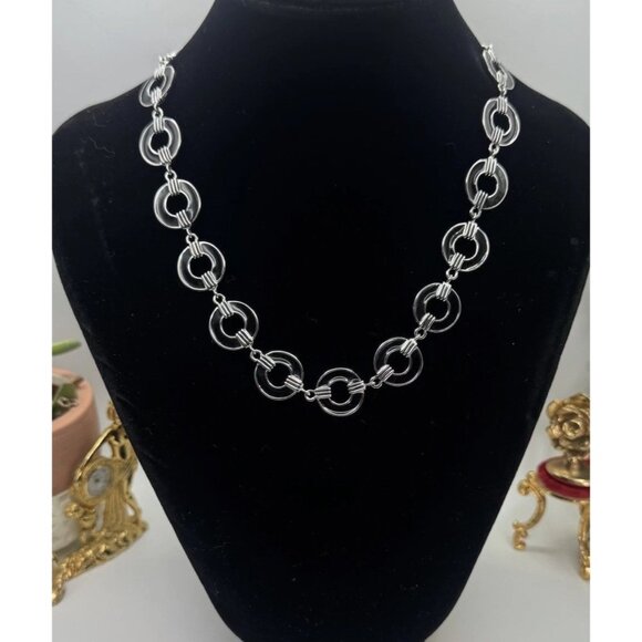 Ralph Lauren Silvertone Black Enamel Circle Ribbed Connecter 18" Toggle Necklace - Picture 2 of 8